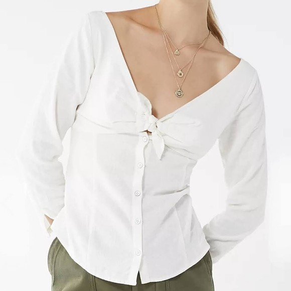 Urban Outfitters UO Madix White Tie Front Blouse Linen Long Sleeve Womens Medium - Picture 1 of 8